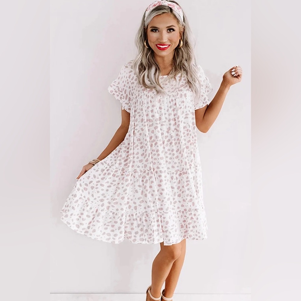 White Leopard Ruffled Sleeve Shift Mini Dress